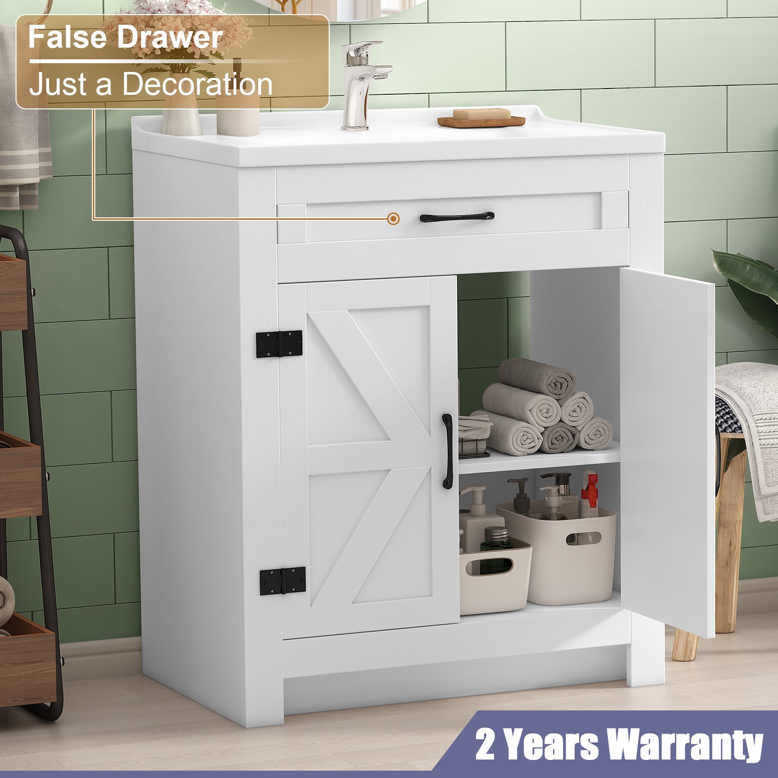 31 Inch Bathroom Vanity Cabinet Ceramic Sink Double Doors Storage Cabinet
