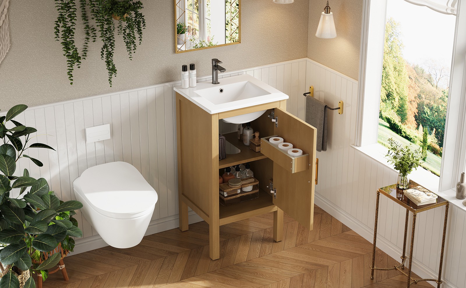 18″ Bathroom Vanity with Ceramic Sink, Storage Cabinet, Natural Wood