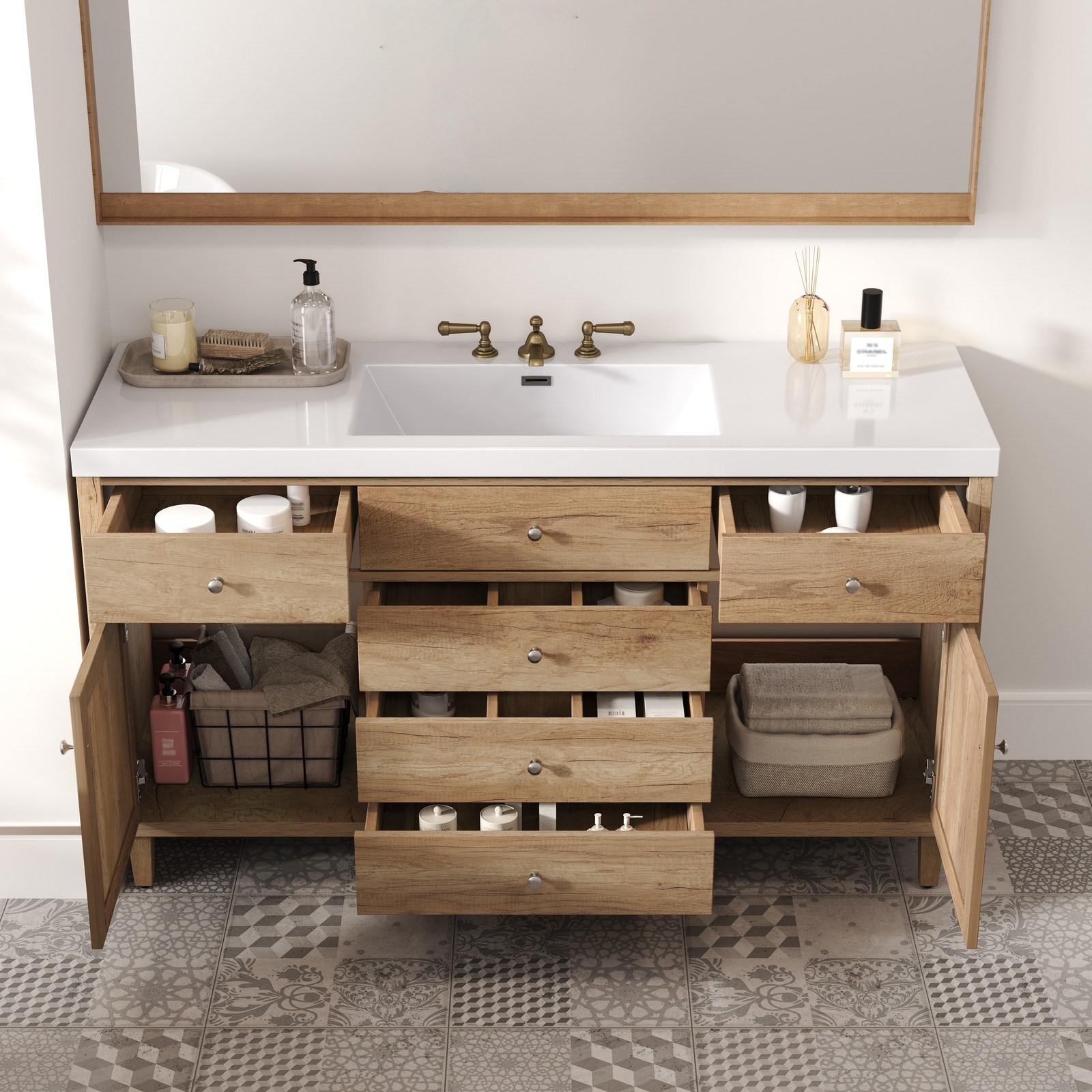 60″ Wooden Bathroom Vanity Cabinet with SMC Sink Storage Drawers Rattan Doors