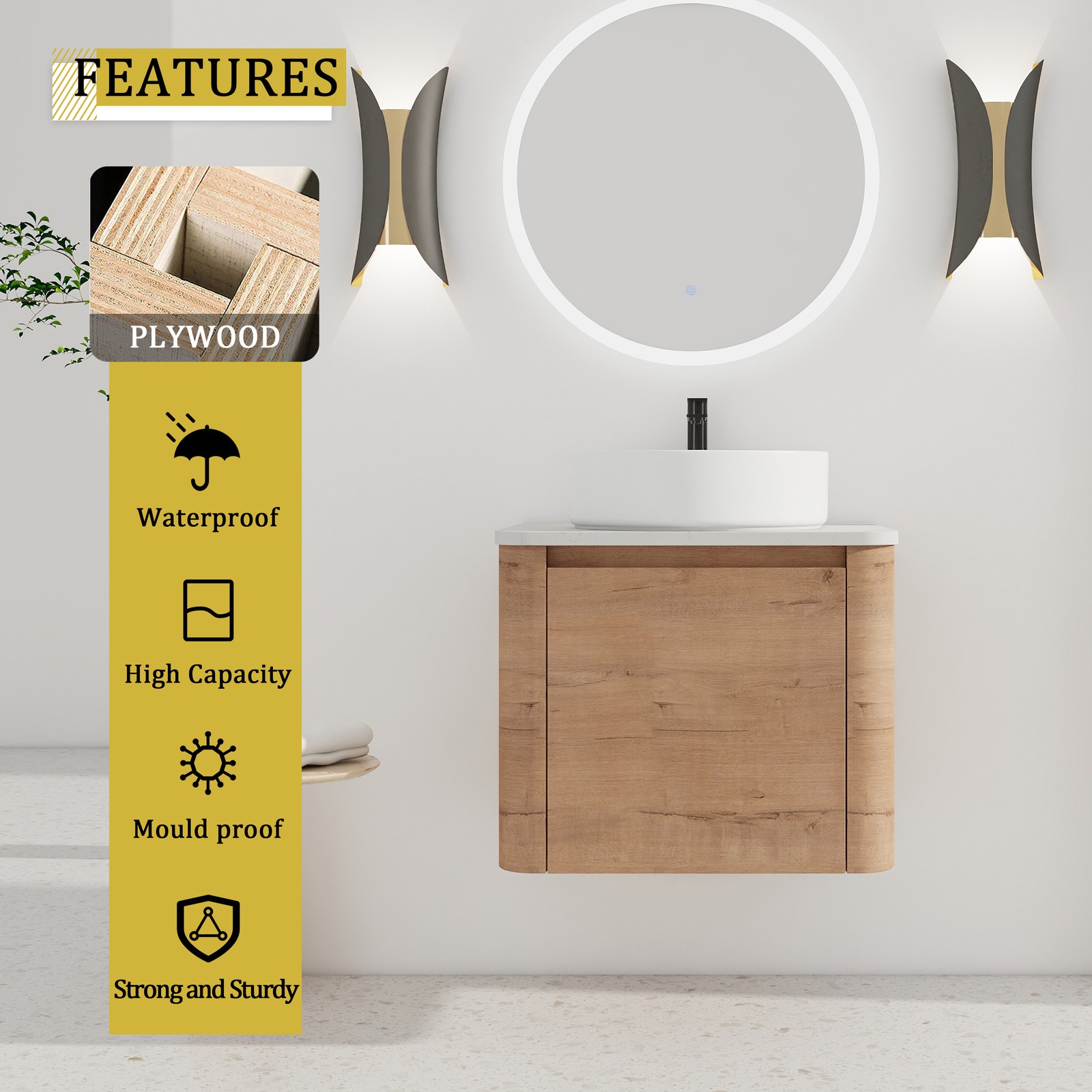 24 In Bathroom Vanity With White Flat Stone Slab Top White Ceramic Vessel Sink