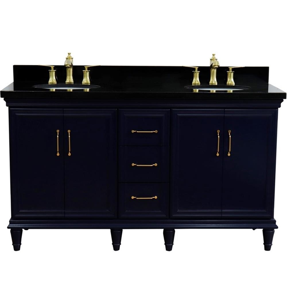 61 in. Double Wooden Vanity Blue Black Galaxy Granite Oval Sink