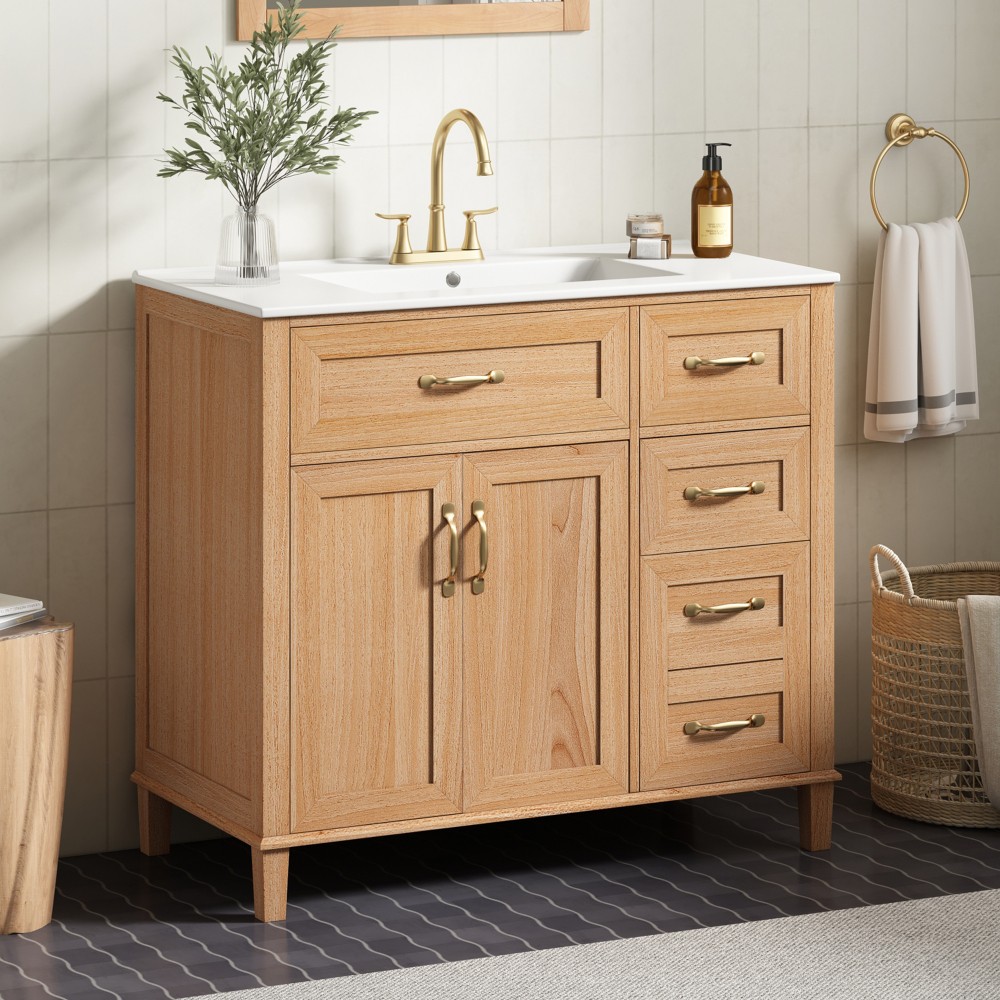 36″ Bathroom Vanity with Ceramic Sink, Modern Natural Wood Grain Vanity
