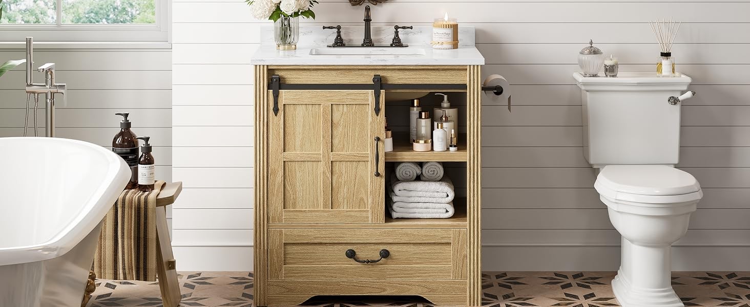 Bathroom Vanity with Sink, 30 Inch Bathroom Sink Cabinet with Drawers & Metal