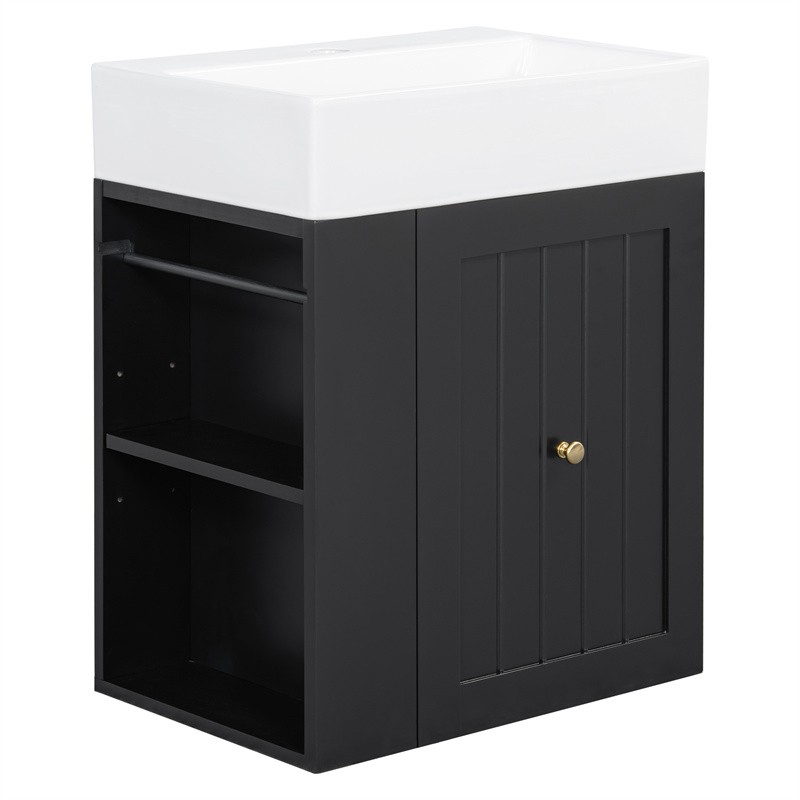 20″ Bathroom Vanity w/Ceramic Sink Black Storage Cabinet with Drawer,Side Shelf