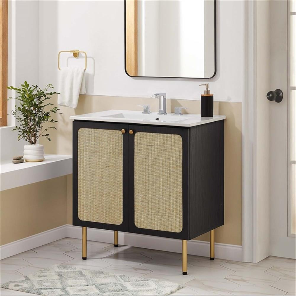 Modway Chaucer 30″ Wood & Rattan Bathroom Vanity in Black/White