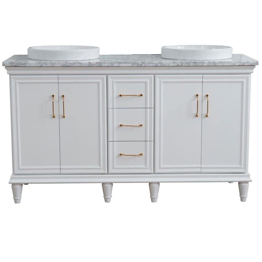 61 in. Double Wooden Vanity White White Carrara Marble Round Sink