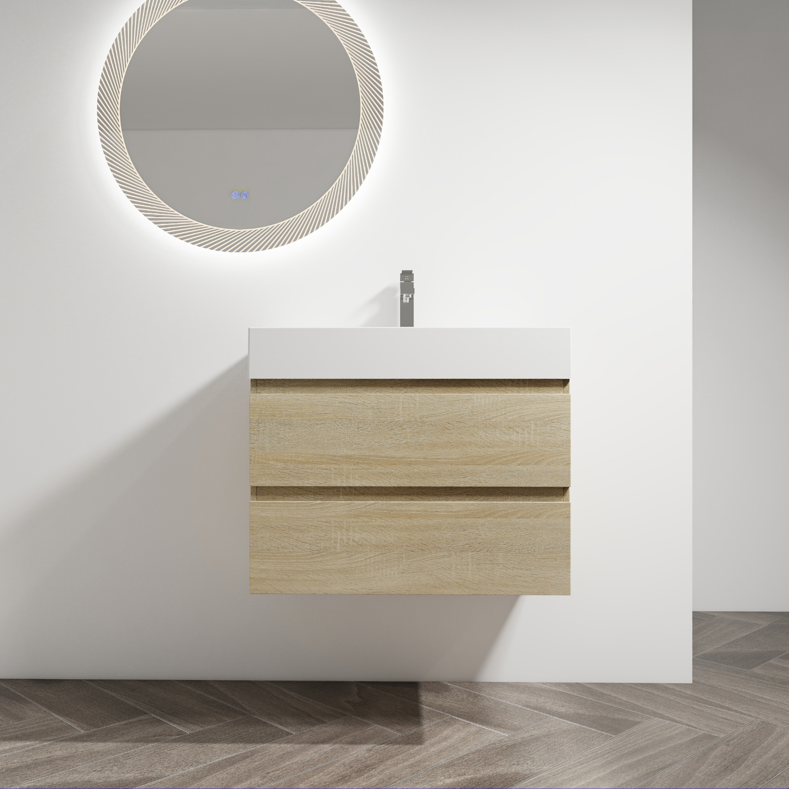 30″ Wood Wall-Mounted Bathroom Vanity Cabinet W/ Resin Sink 2 Drawers Light Oak