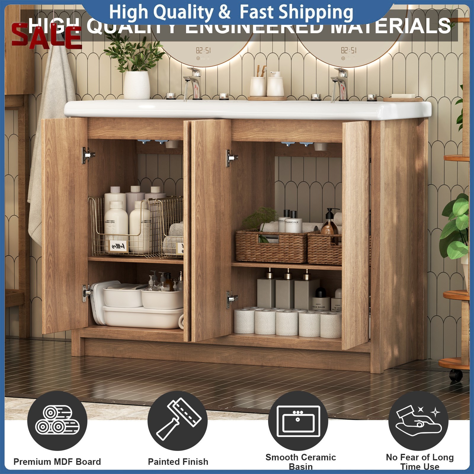 47″ Large Bathroom Vanity Double Ceramic Sink Freestanding Cabinet Storage