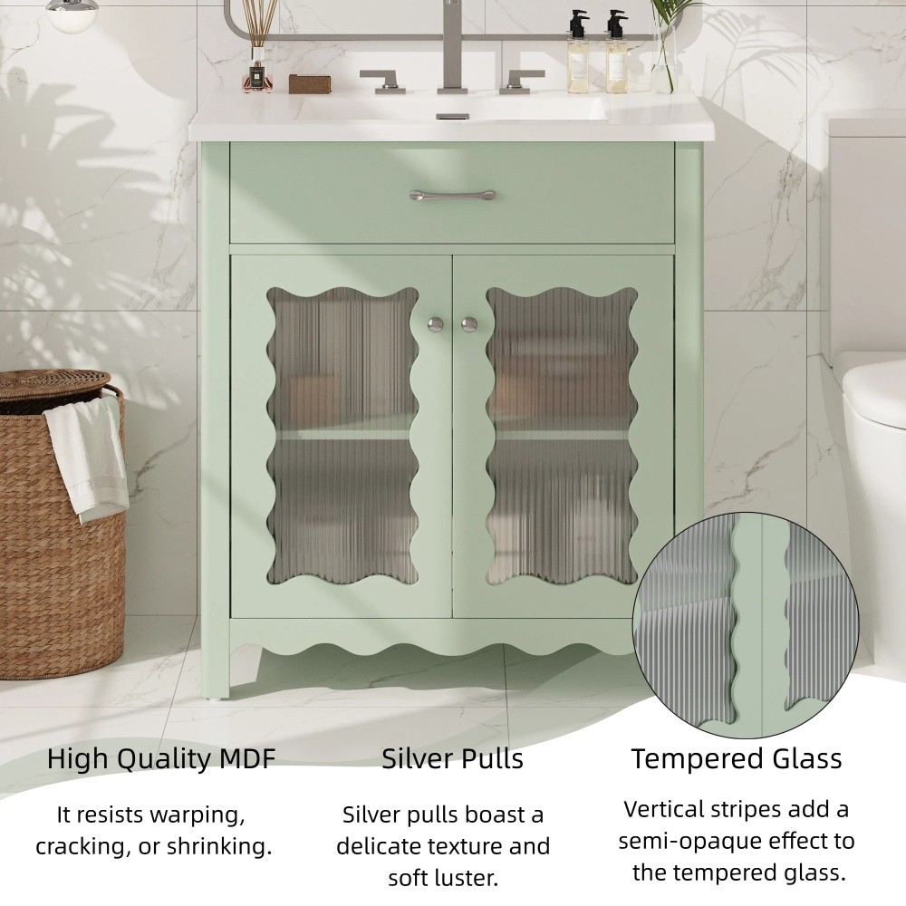 31″Bathroom Vanity Freestanding with Tempered Sink, Modern Storage Cabinet