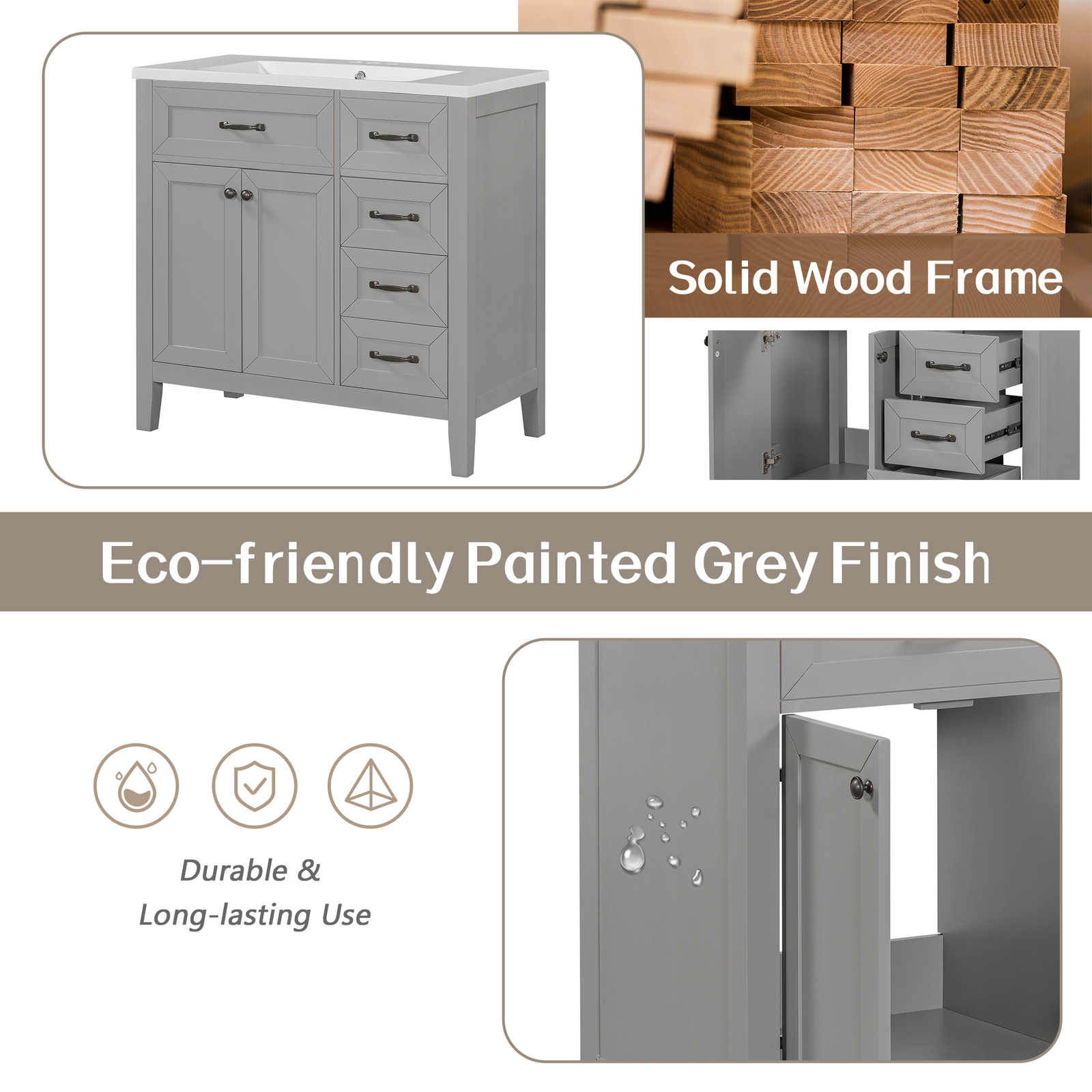 36″ Single Bathroom Vanity Bathroom Storage Cabinet (Sink Basin Not Included)