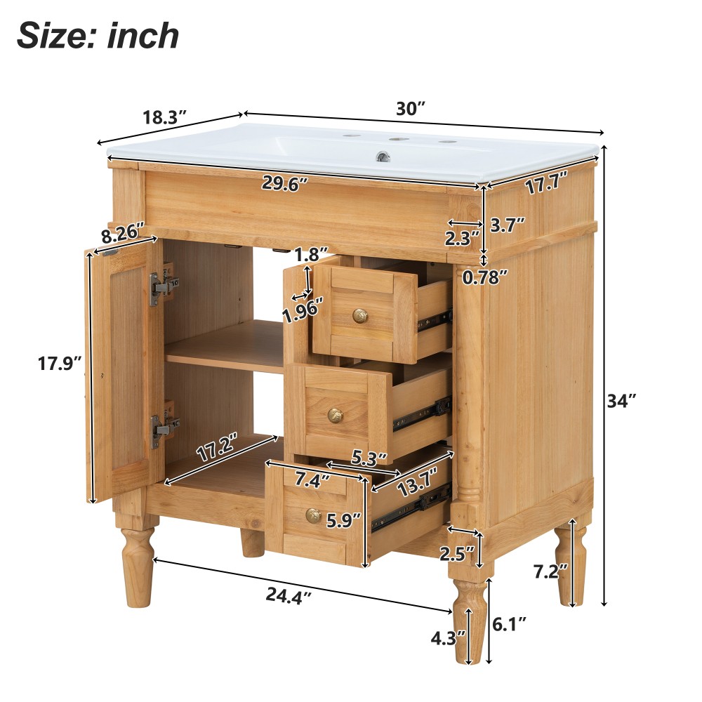 30-Inch Modern Bathroom Vanity, Solid Wood Frame + MDF, 2 Doors 3 Drawers