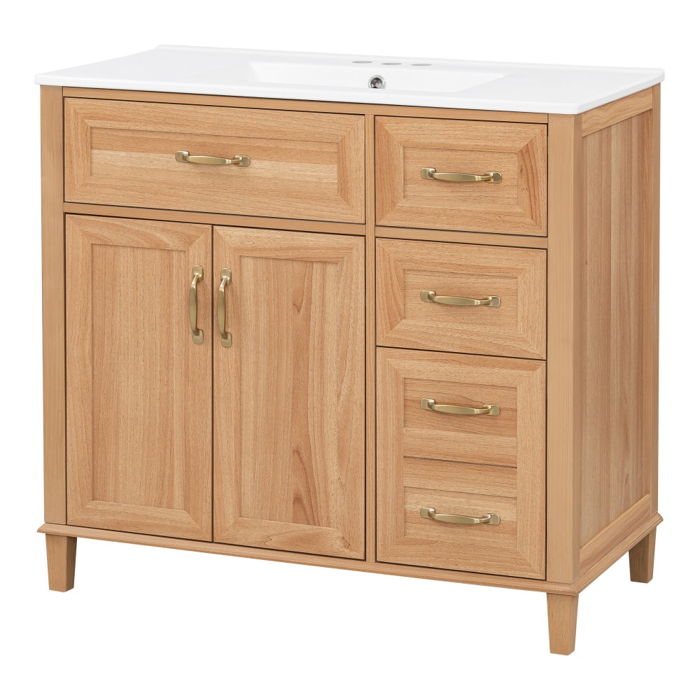 36″ Bathroom Vanity with Ceramic Sink, Modern Natural Wood Grain Vanity