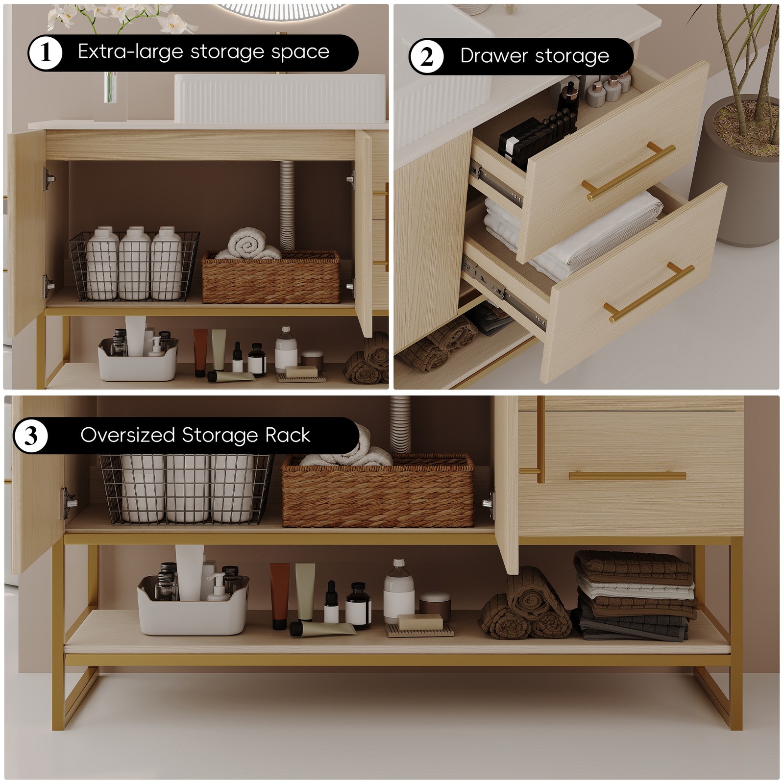 47.2″ Bathroom Vanity with Ceramic Sink, Gold Accent, White Oak