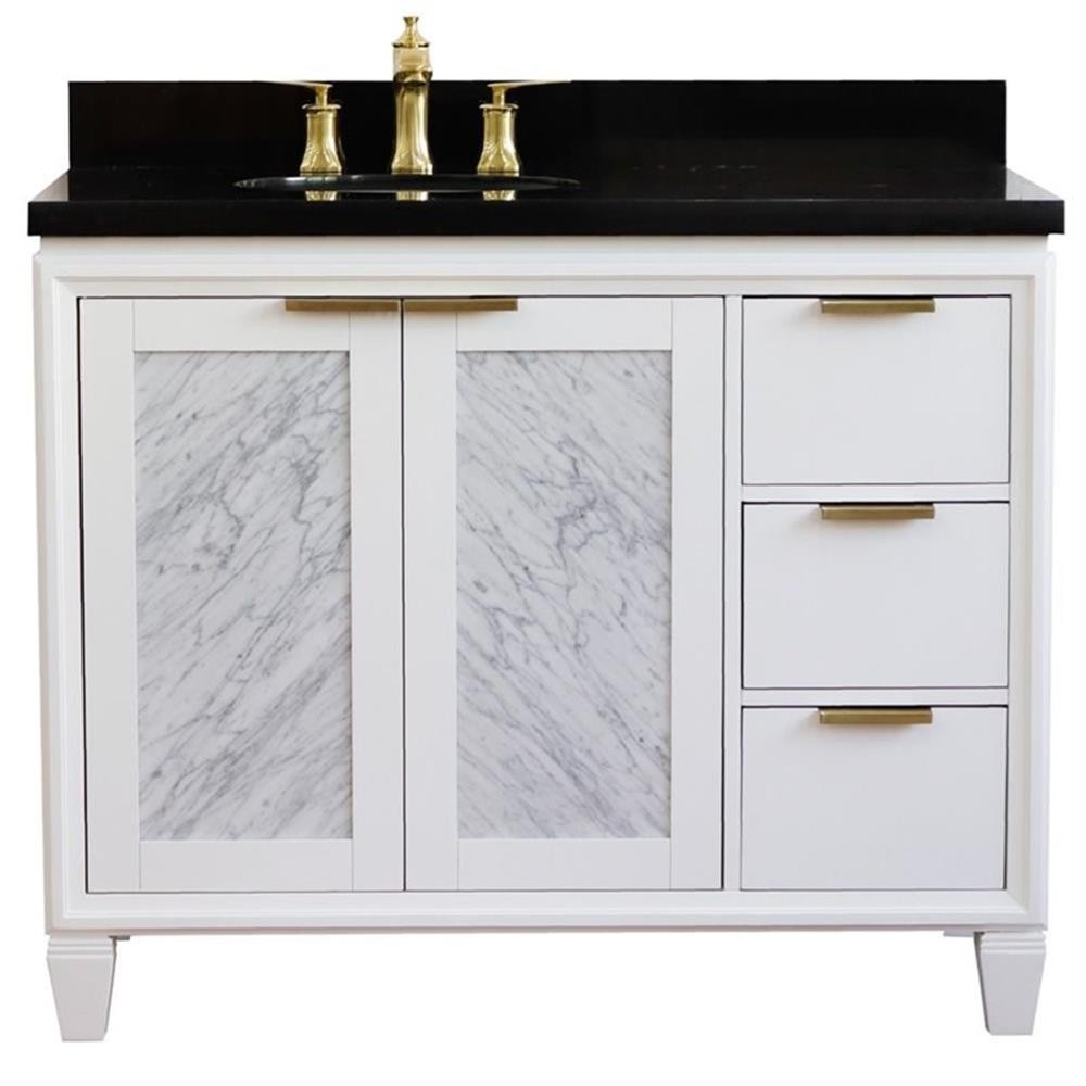 Pemberly Row 43″ Solid Wood Vanity with Left Oval Sink in White/Black Galaxy