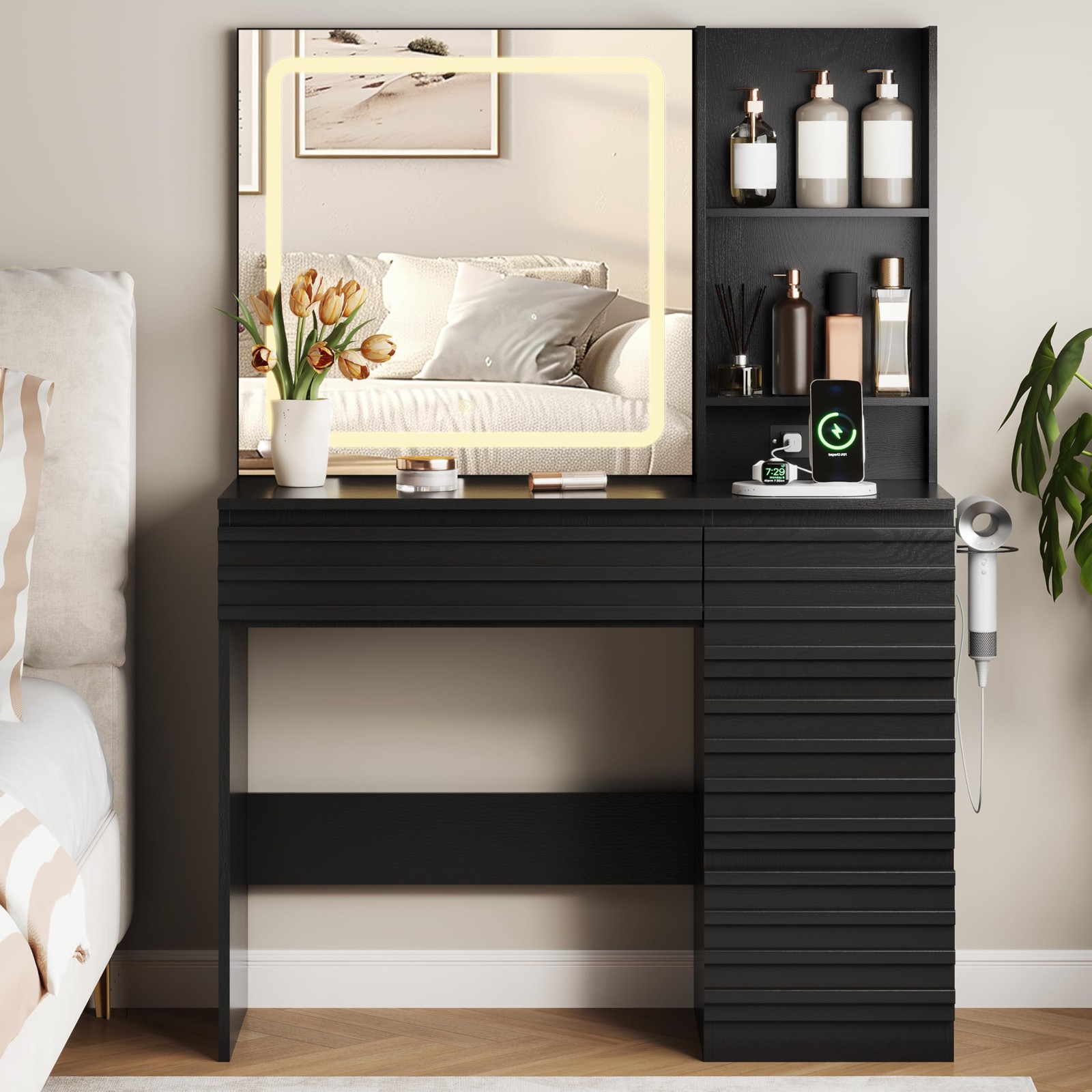 Black Fluted Vanity Desk with LED Mirror 4 Drawers Outlet 3 Modes Open Shelf