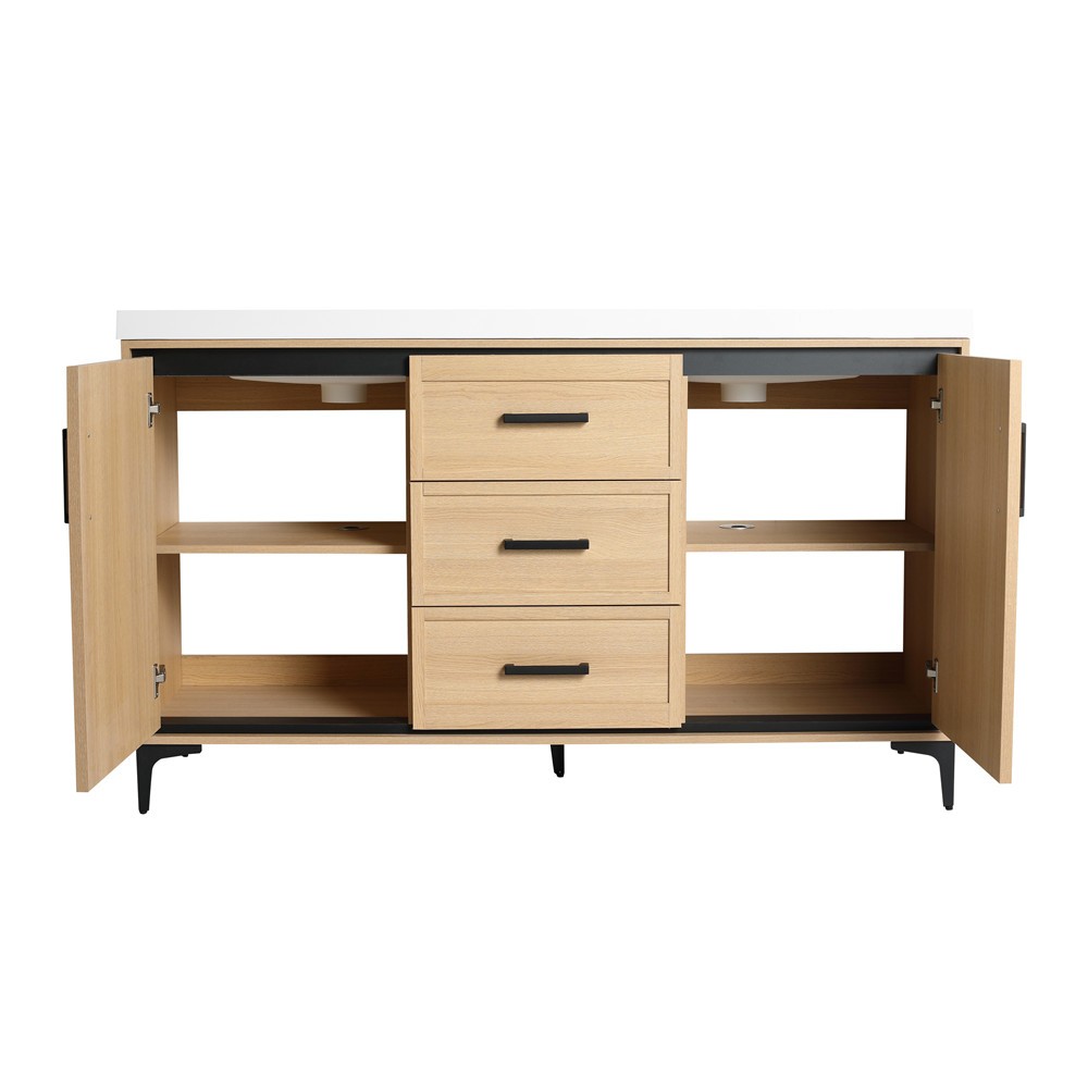 60″ Bathroom Vanity w/ Double Sink, Freestanding Vanity Doors Cabinet, 3 Drawers