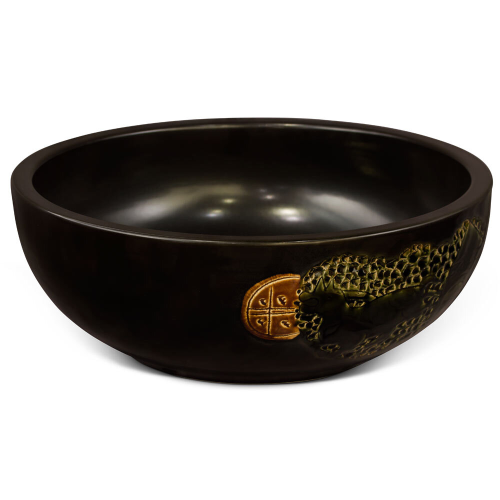 US Seller – 16in Black Chinoiserie Motif Oriental Porcelain Basin