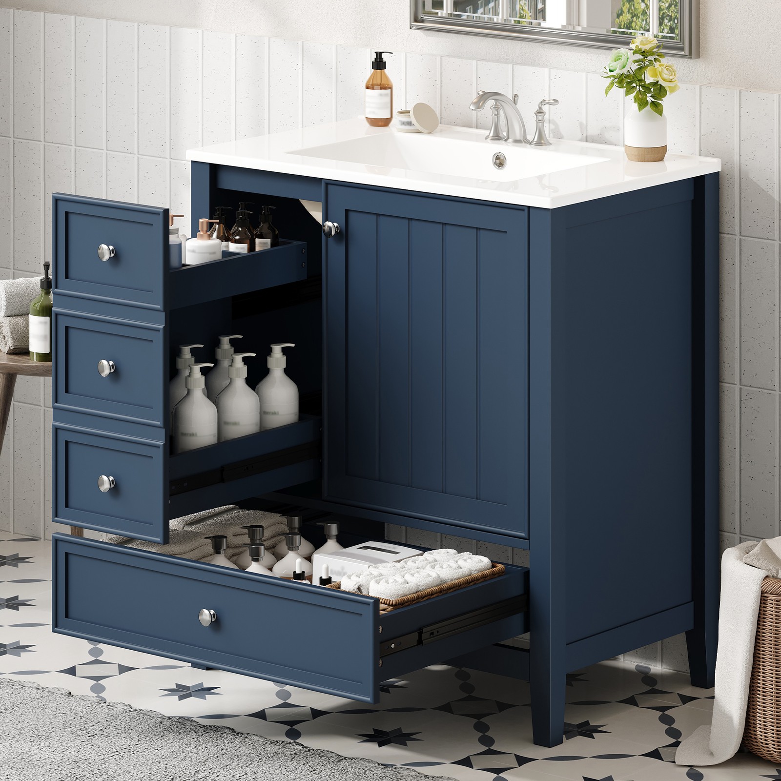 30″ Blue Bathroom Vanity with Sink, 1 Cabinet & 3 Drawers, Solid Wood & MDF