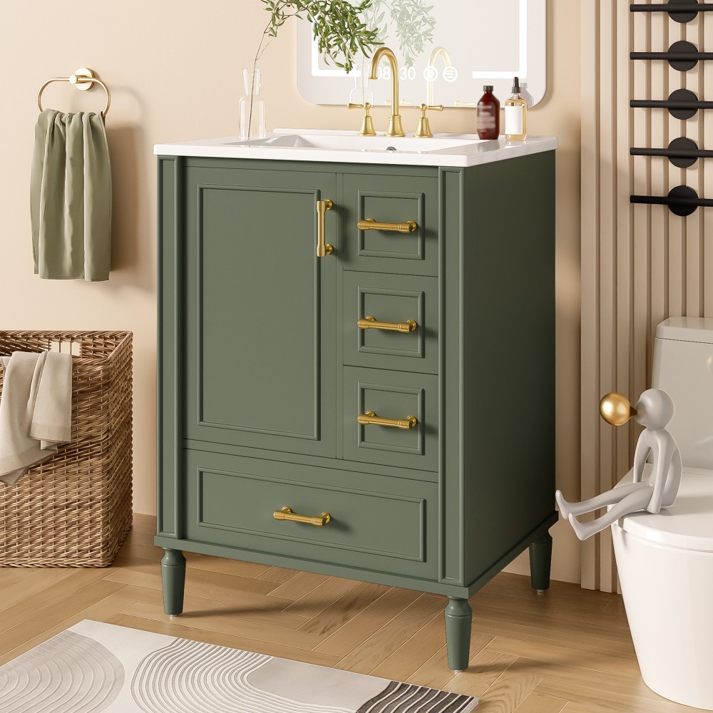 24″ Modern Bathroom Vanity with Ceramic Sink, Soft-Close Door, 3 Drawers
