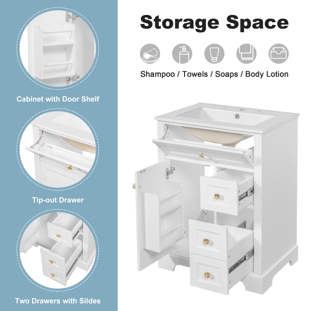 24 in White Bathroom Vanity with Sink MDF & Pinewood Construction 3 Drawers