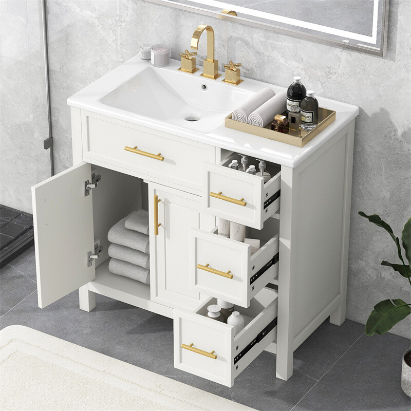 36″ White Bathroom Vanity w/Ceramic Sink Bathroom Cabinet w/2 Doors & 3 Drawers