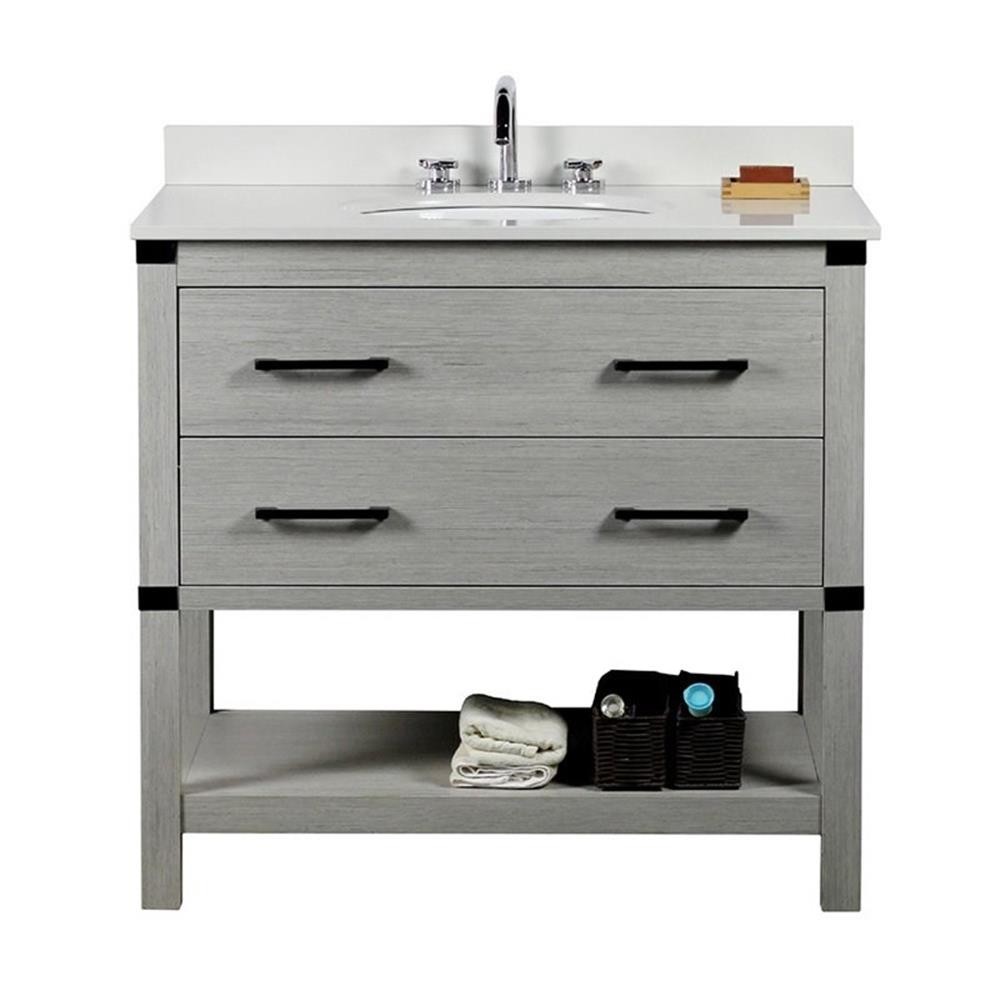 37″ Transitional Single Solid Wood Vanity with Oval Sink in Gray Pine