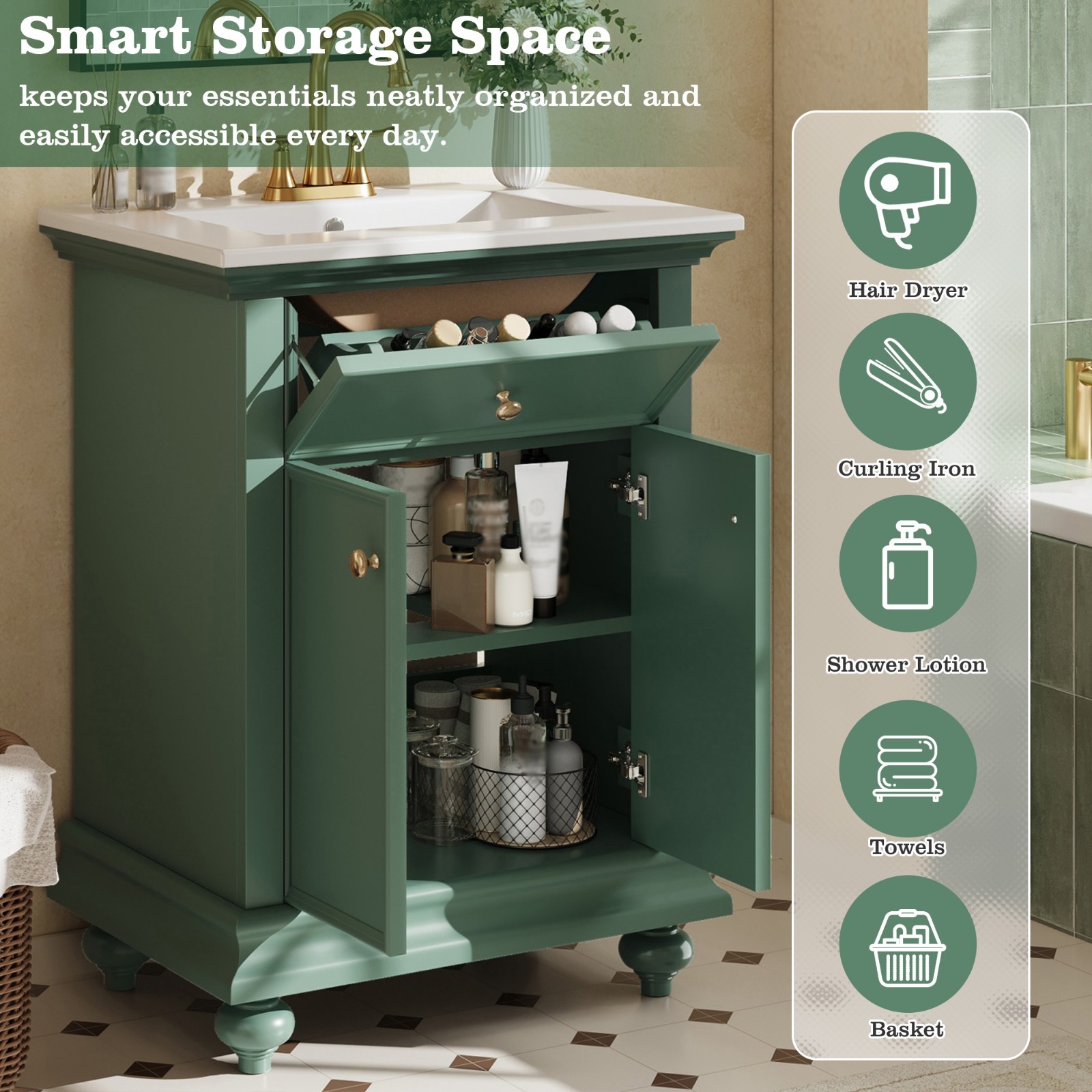 24″ Bathroom Vanity Storage Cabinet With Ceramic Sink Drawer Soft-Closing Doors