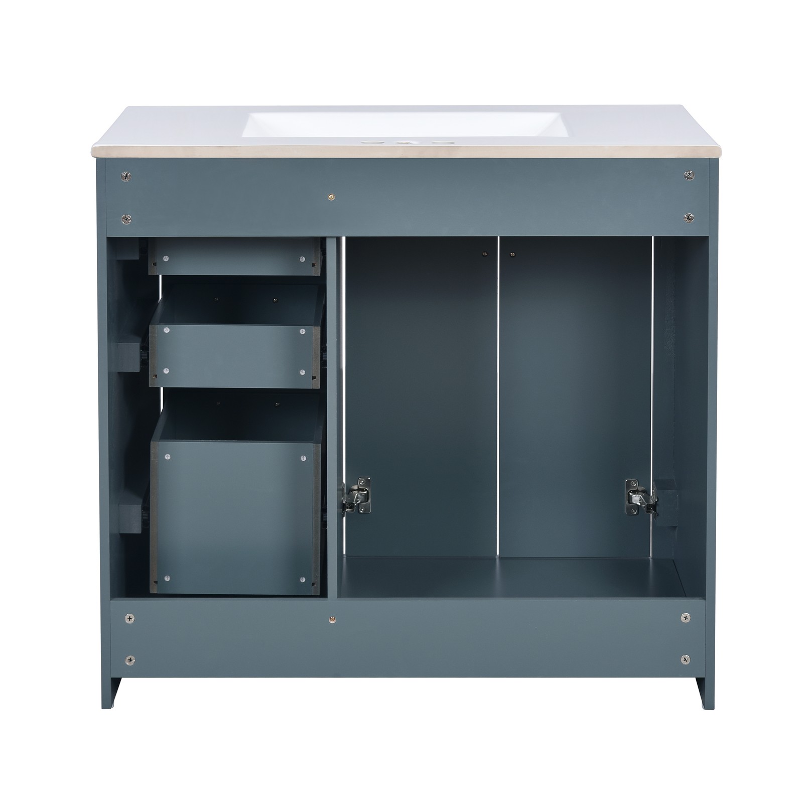 36″ Bathroom Vanity with Ceramic Sink, Solid Wood Frame, 3 Drawers & Doors