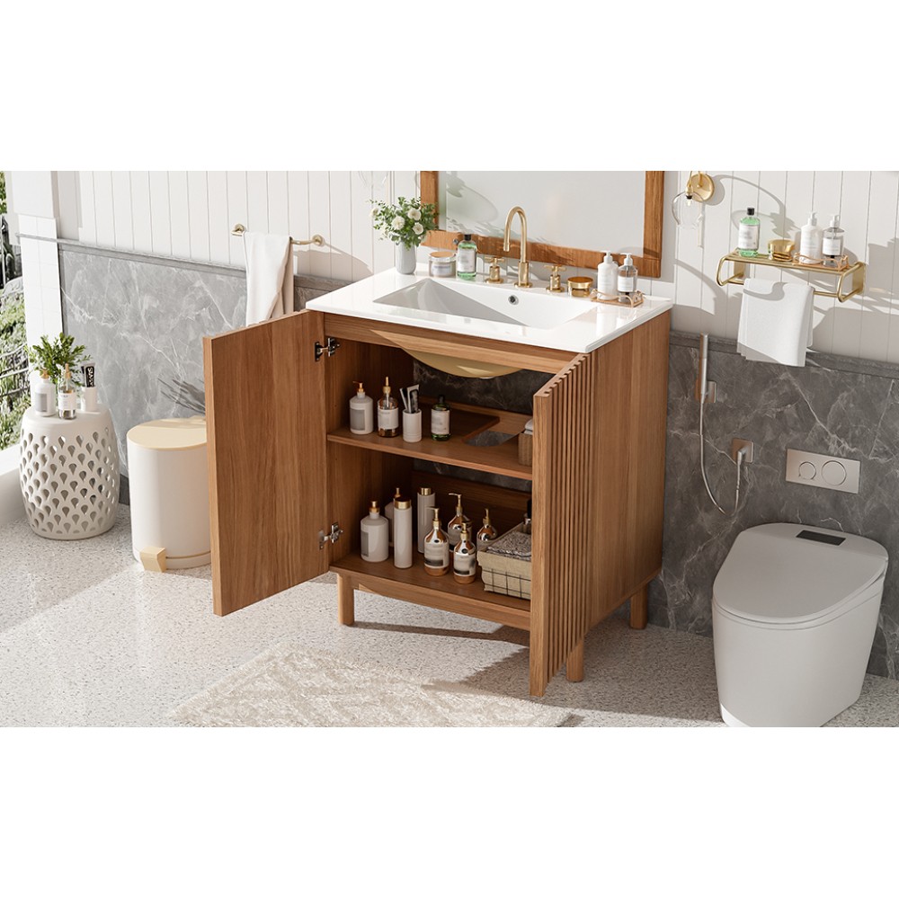 29.9-inch Traditional Bathroom Vanity with Ceramic Sink, Solid Wood Legs