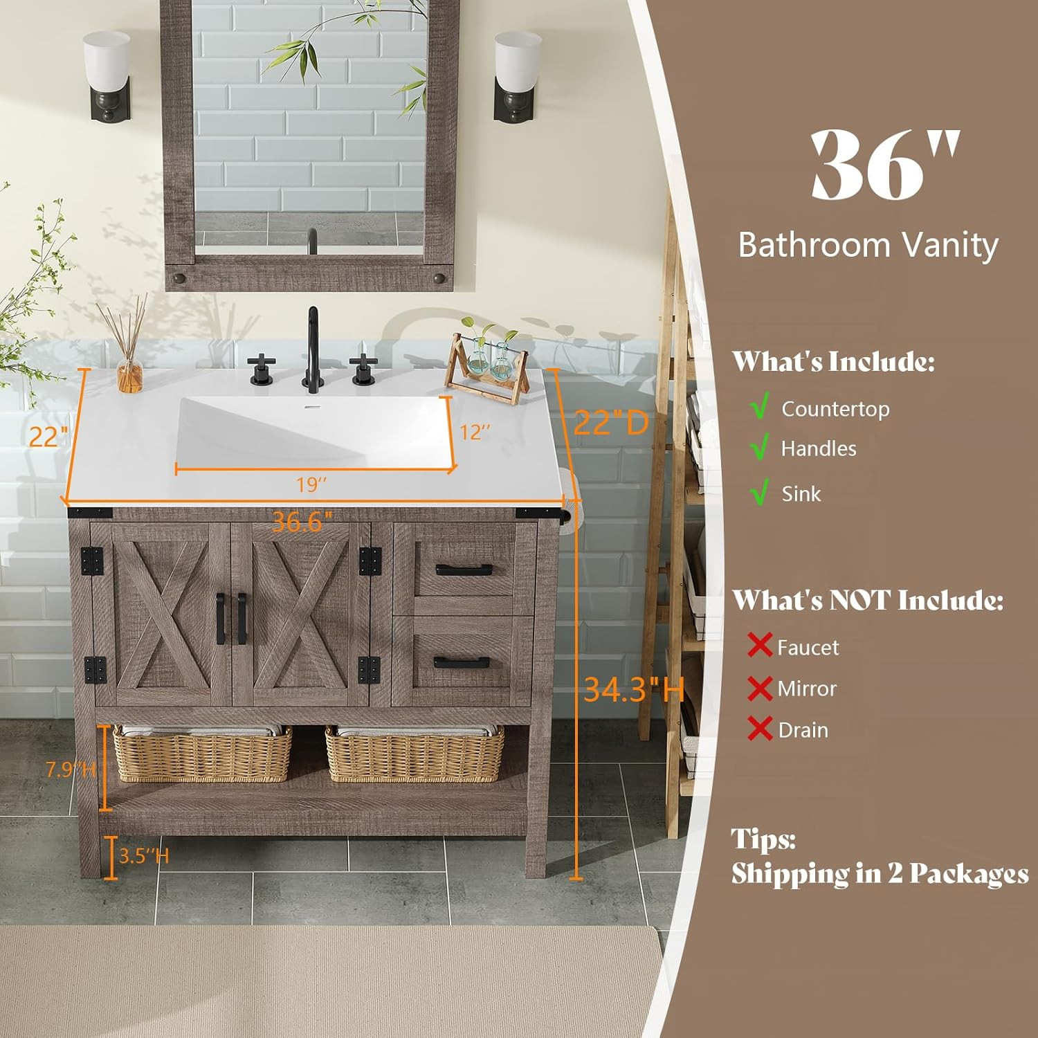 AMERLIFE 36″ Farmhouse Bathroom Vanity with Sink Combo, Wood Barn Door Freestand