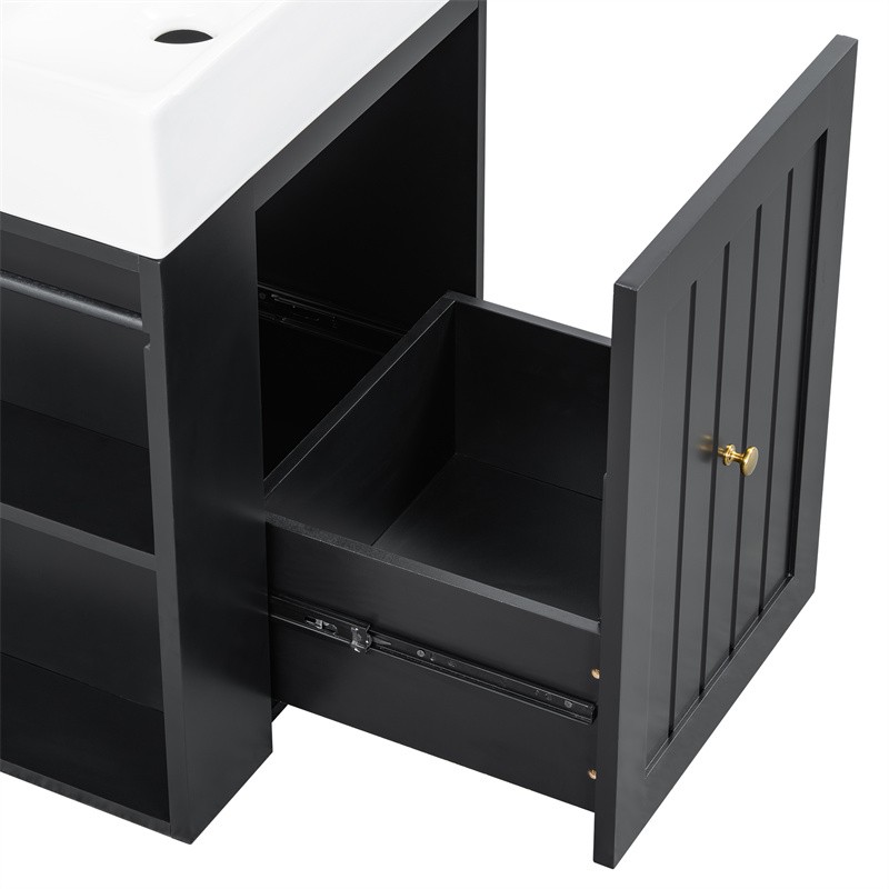 20″ Bathroom Vanity w/Ceramic Sink Black Storage Cabinet with Drawer,Side Shelf