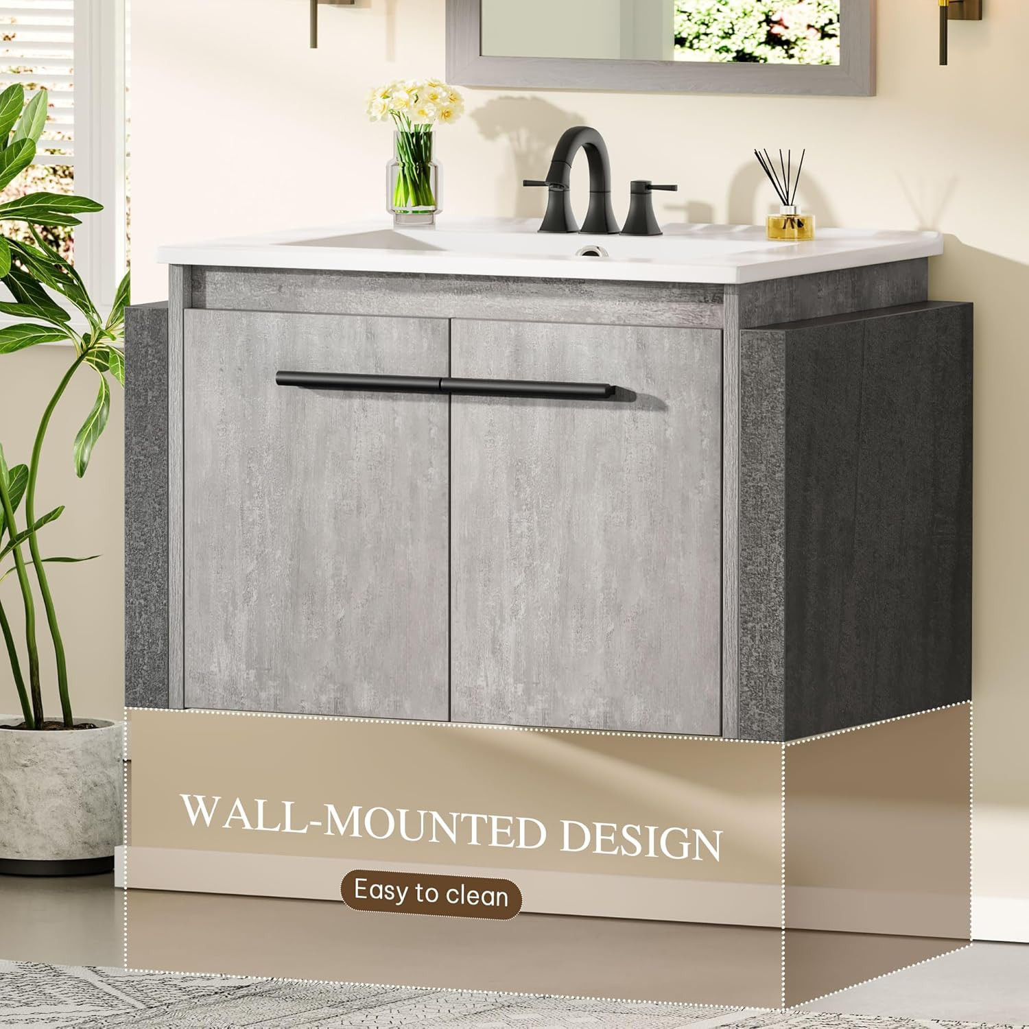 24″ Grey Wall-Mounted Bathroom Vanity with Sink & Soft-Close Double Doors