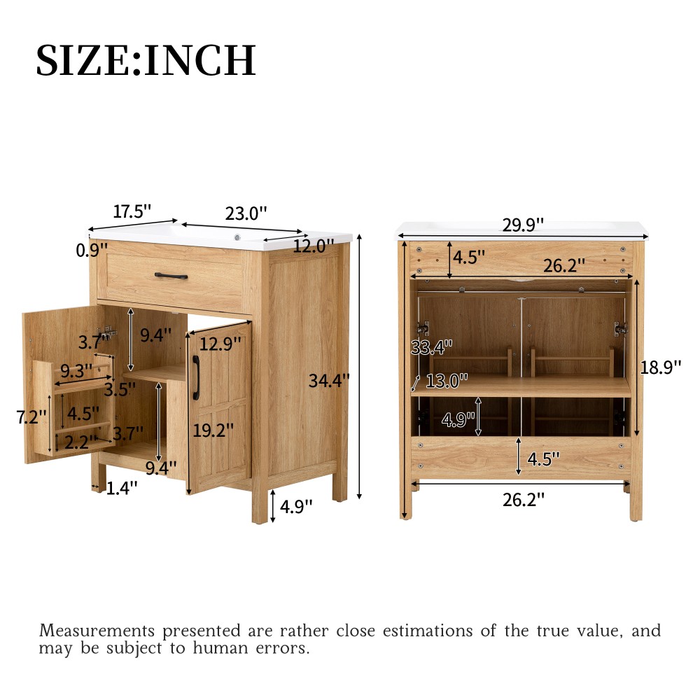 30″ Bathroom Vanity Resin Sink, Solid Wood, Adjustable Shelf & Door Organizers