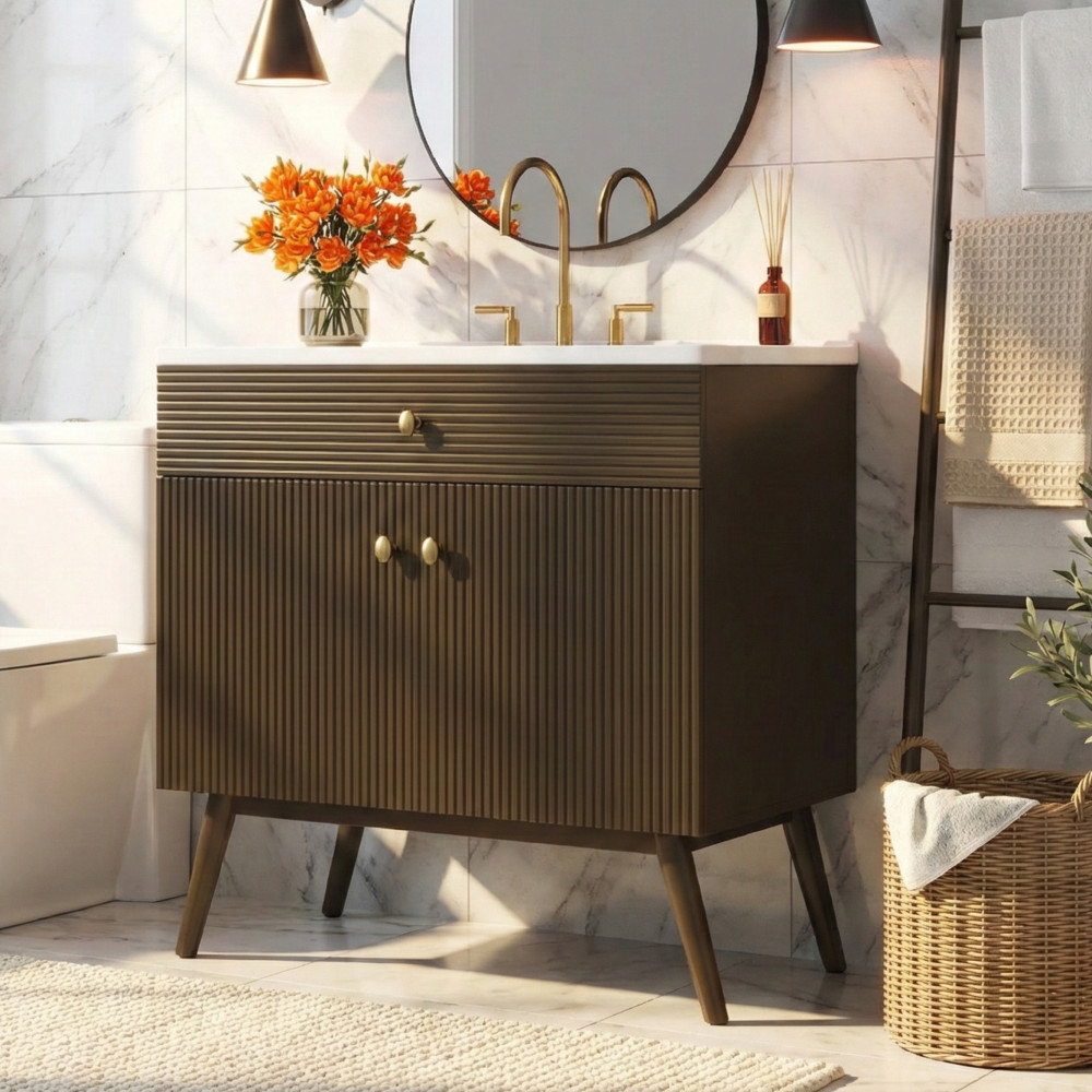 36″ Striped Bathroom Vanity,Soft-Close Dual-Door Storage &Premium Ceramic Sink