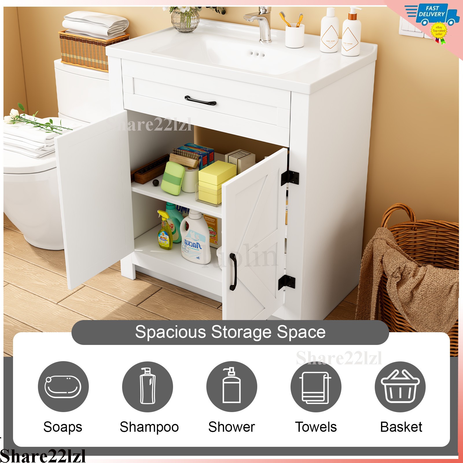 31″ Ceramic Sink Storage Bathroom Vanity with 2 Doors Bathroom Cabinet Space