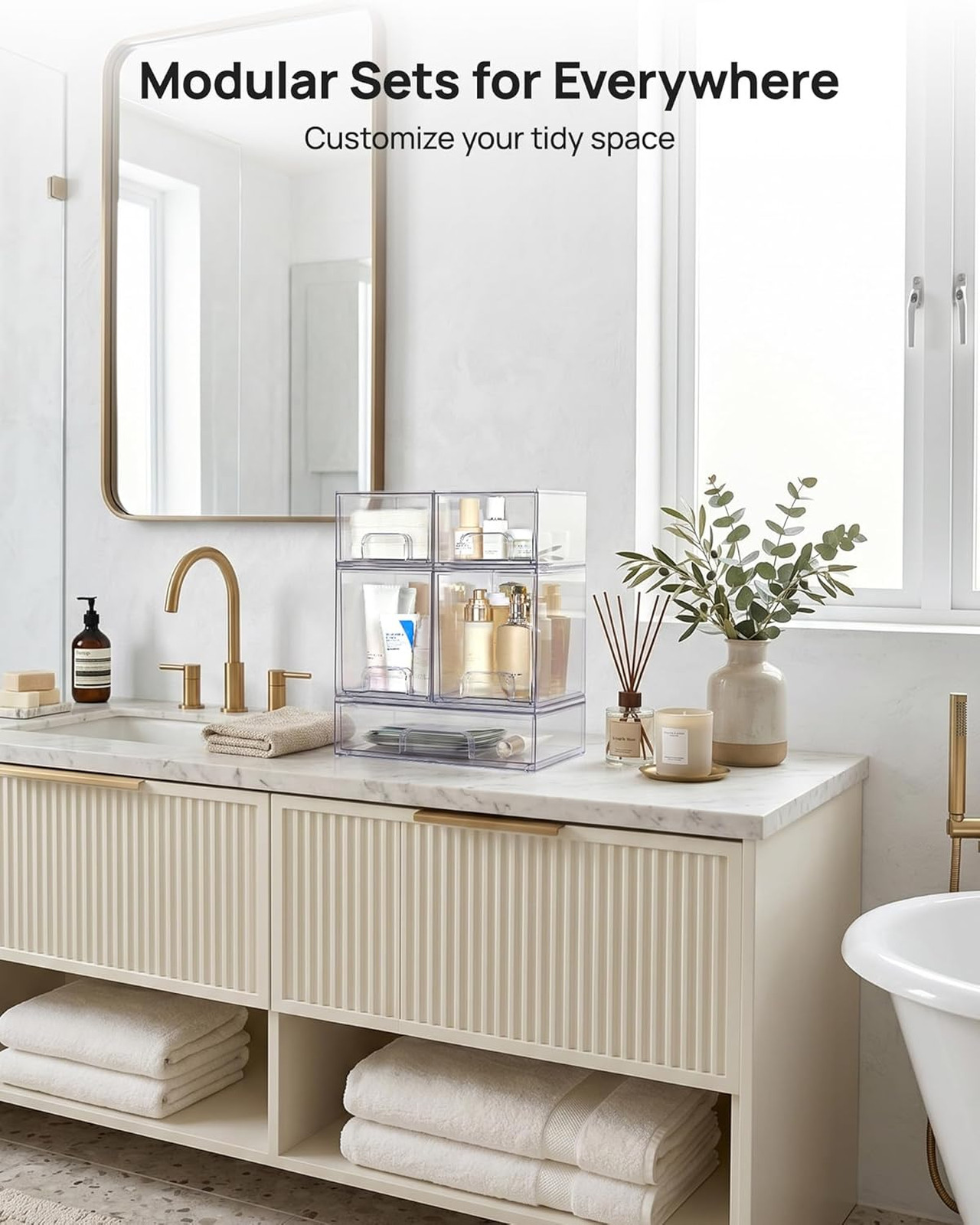 Stackable Storage Drawers Set of 5 Clear Plastic Organizer Bins for Bathroom