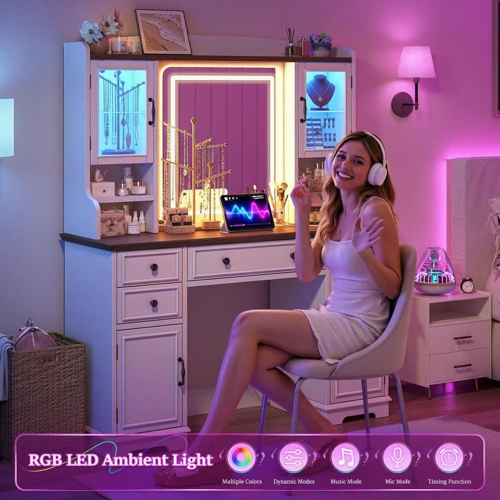 Farmhouse 43 White Vanity Desk with Mirror & LED Lights 5 Drawers RGB Cabinets