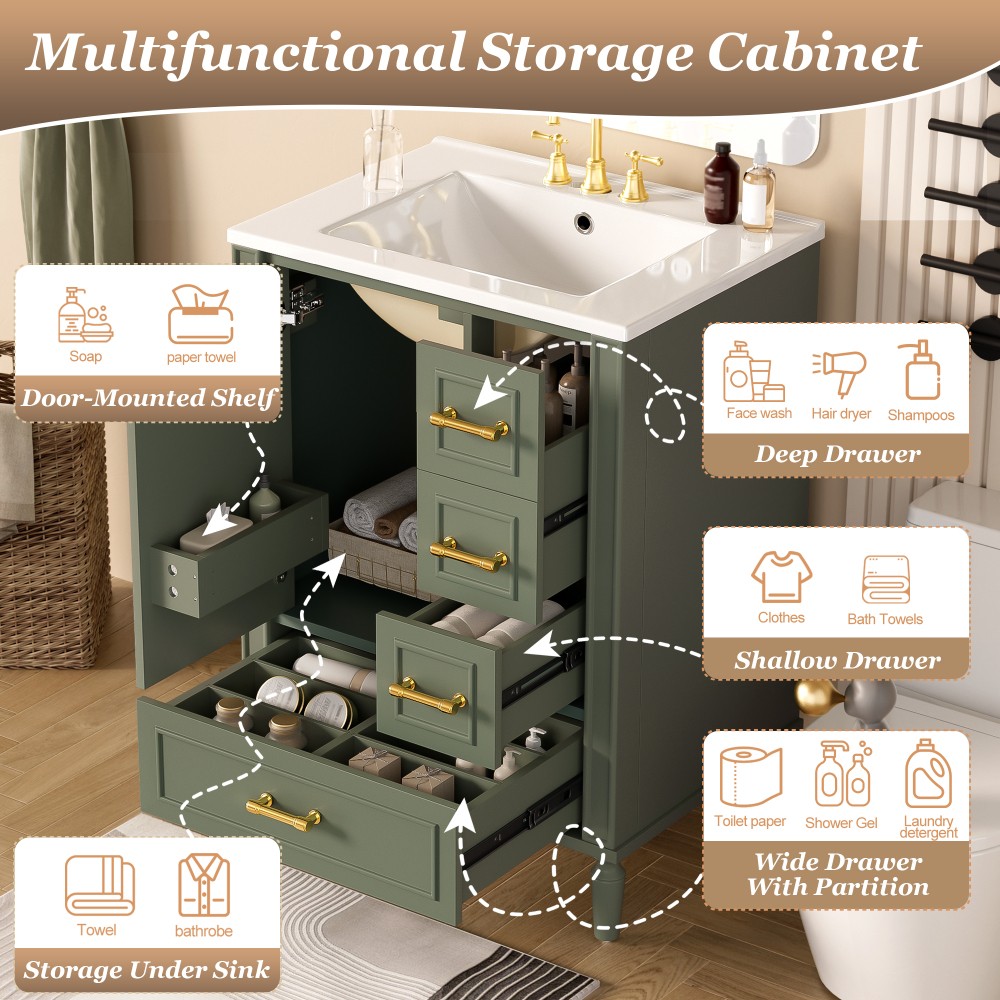 24″ Modern Bathroom Vanity with Ceramic Sink, Soft-Close Door, 3 Drawers