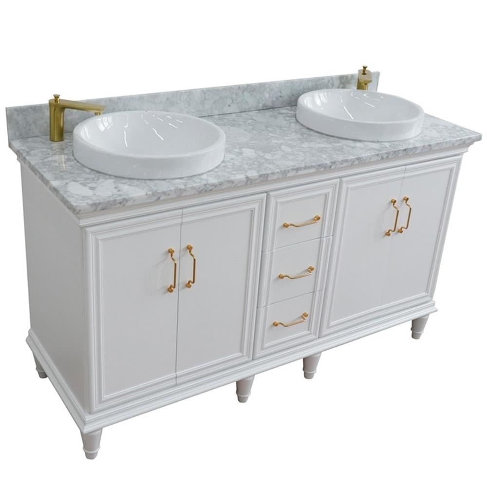 61 in. Double Wooden Vanity White White Carrara Marble Round Sink