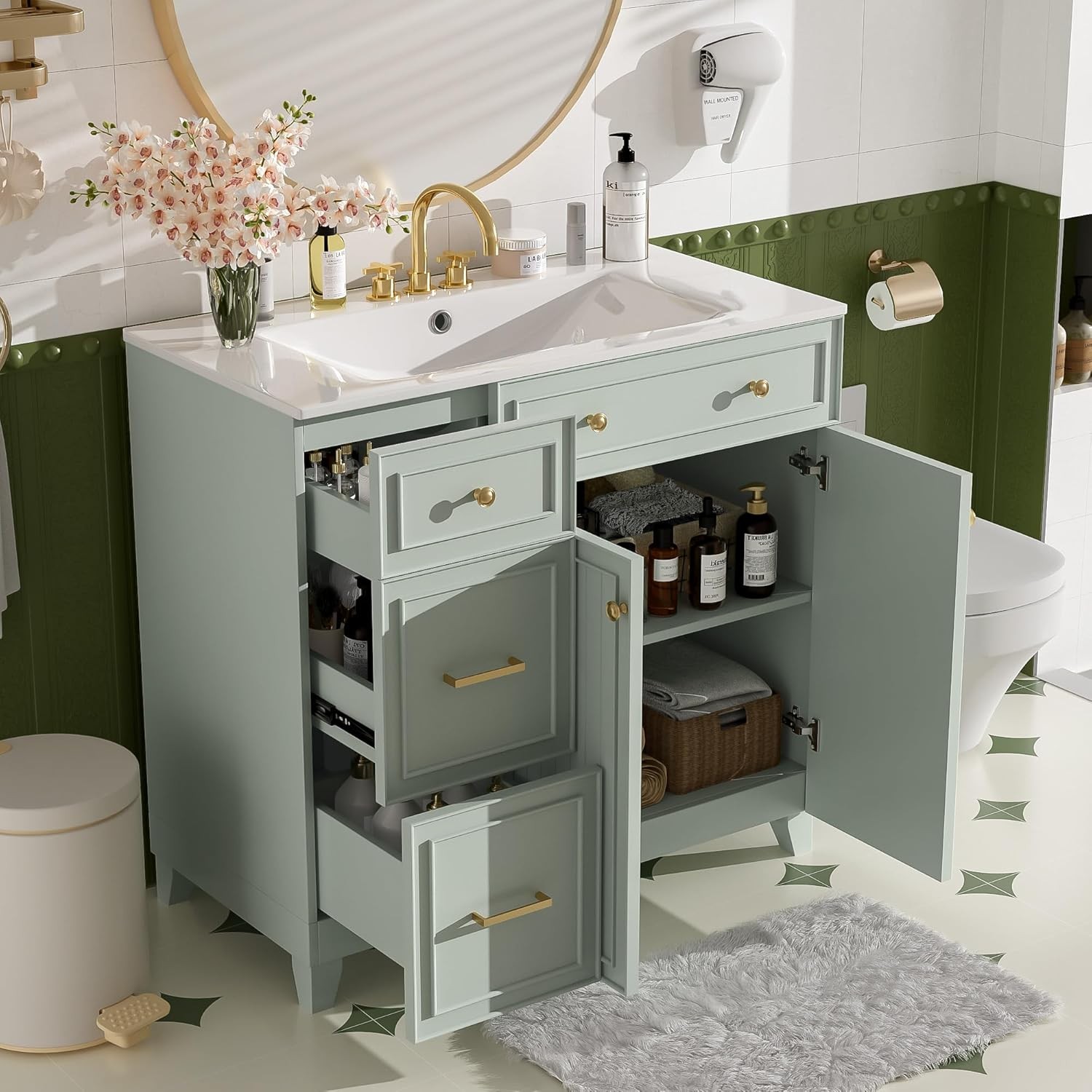 36-inch Green Bathroom Vanity Transitional Style Bathroom Cabinet W/ Ceramic