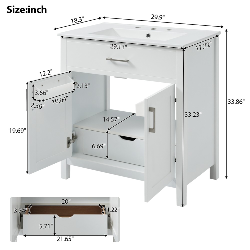30″ Bathroom Vanity Ceramic Sink Soft Close 2 Door Drawer Silver Storage Cabinet