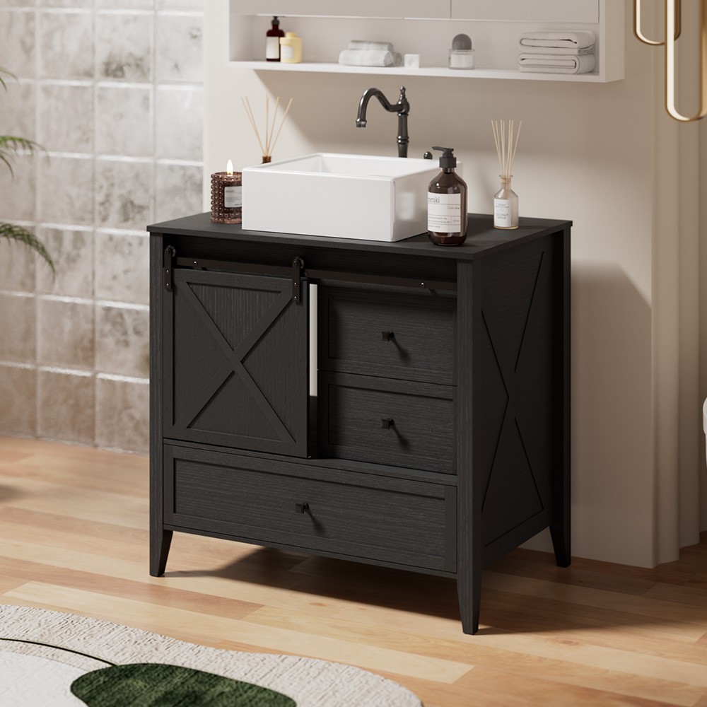 36 Inch Bathroom Vanity Cabinet With Ceramic Sink Sliding Barn Door Freestanding