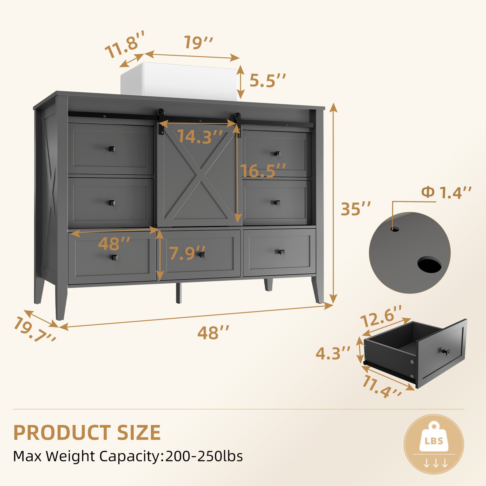 48″ Bathroom Vanity Sink Ceramic Freestanding 7Drawers Space-Saving Cabinet Grey