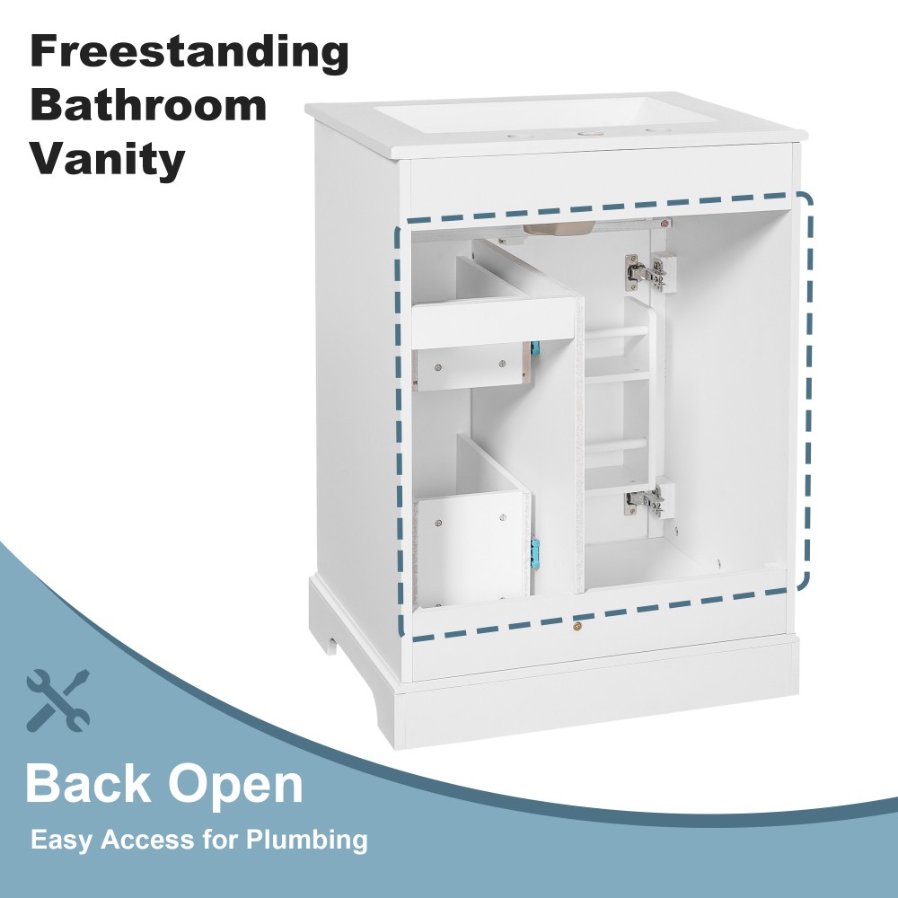 24 in White Bathroom Vanity with Sink MDF & Pinewood Construction 3 Drawers