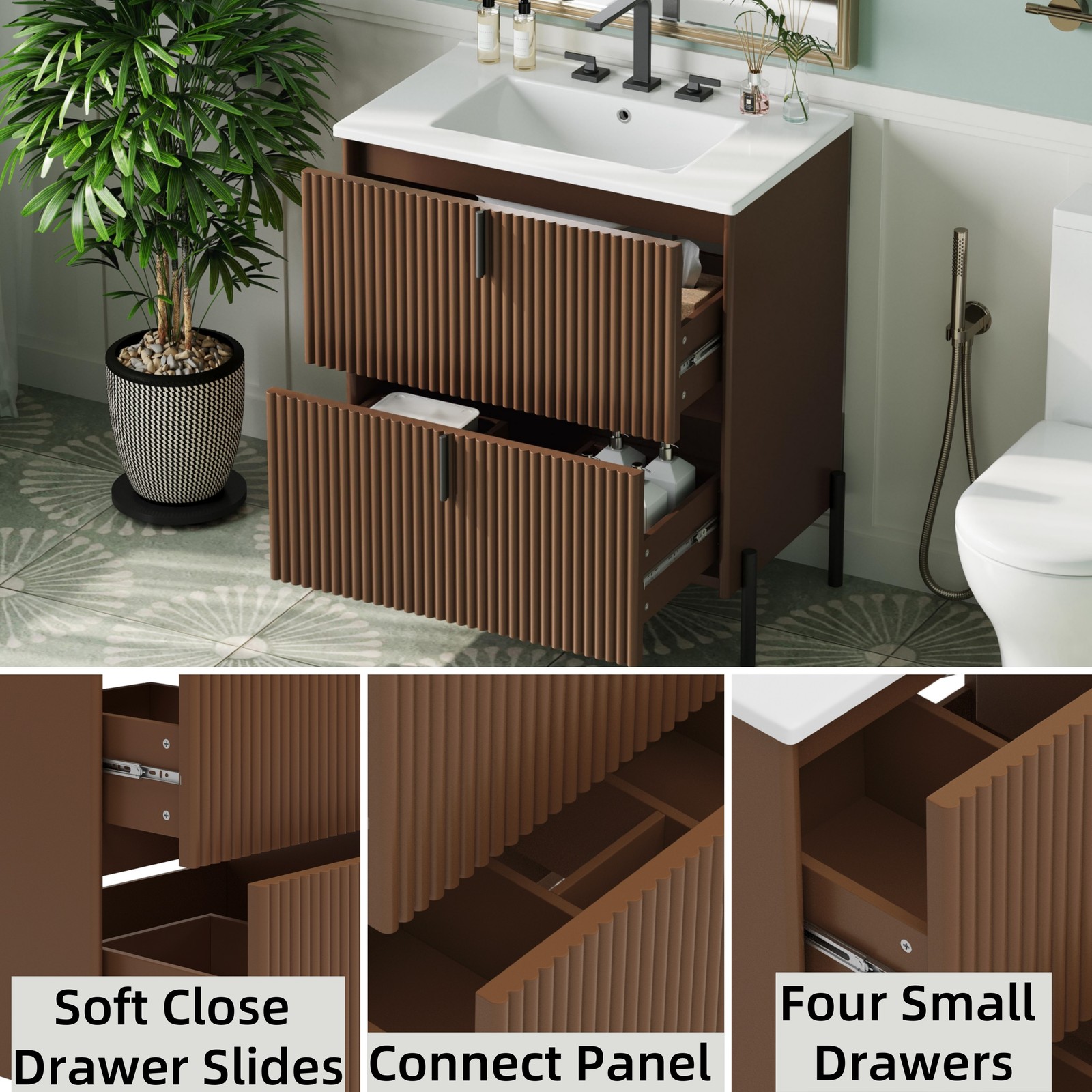 30″ Bathroom Vanity with Ceramic Sink Freestanding Bathroom Vanity w/2 Drawers