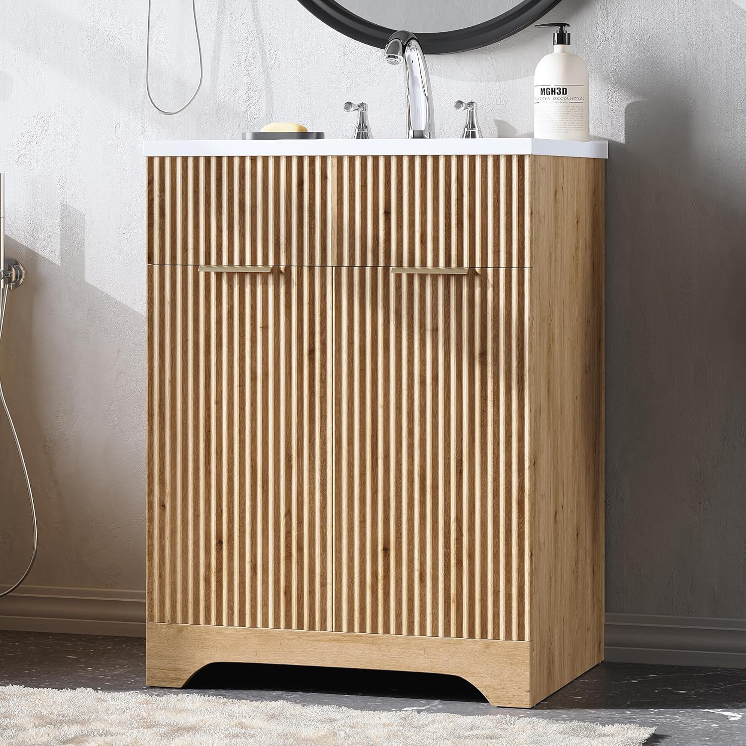 LINLUX 25″ Natural Wood Fluted Vanity w/ Ceramic Sink Drawer Cabinet
