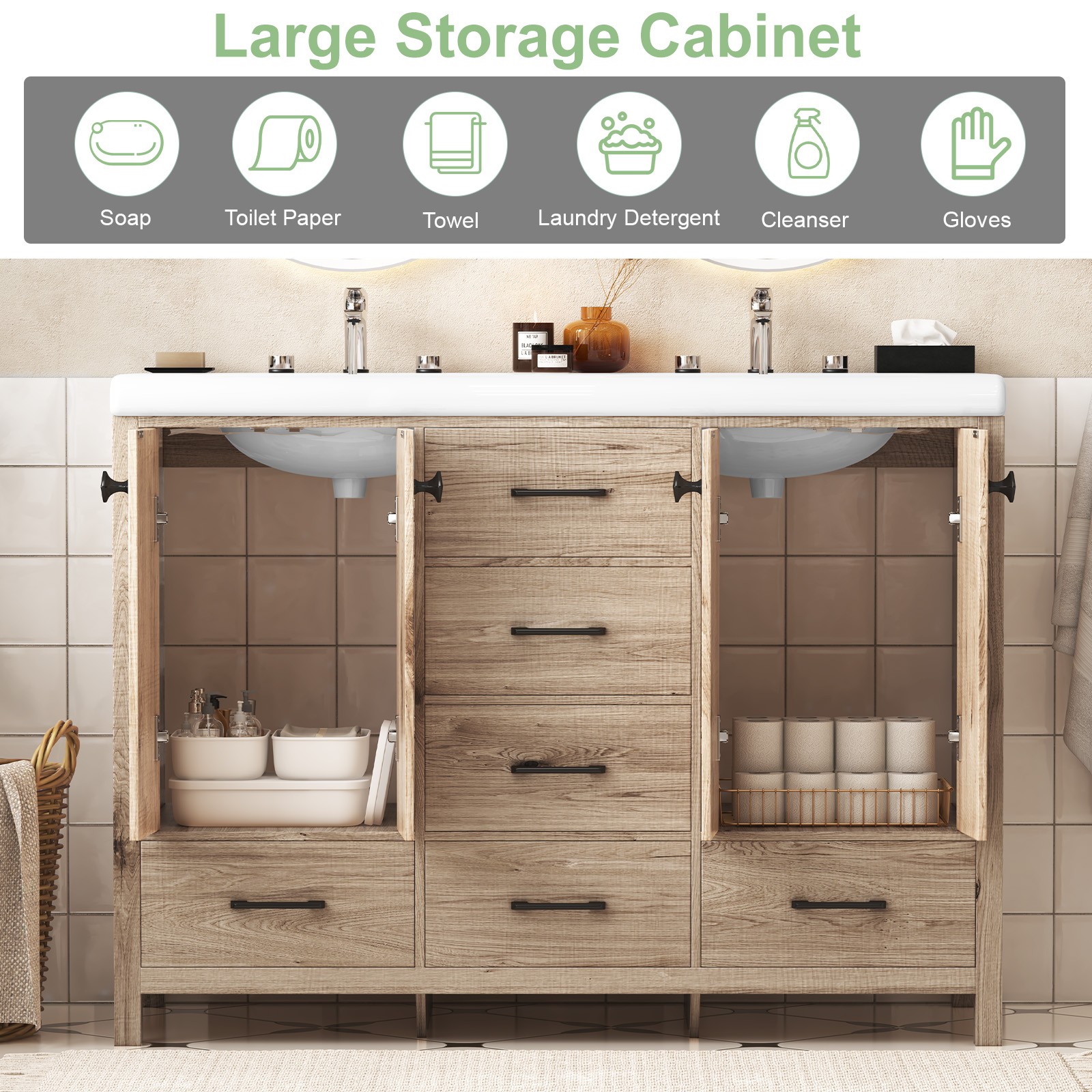 47” Bathroom Vanity w/Ceramic Sink Combo Freestanding Vanity Set with 6 Drawers