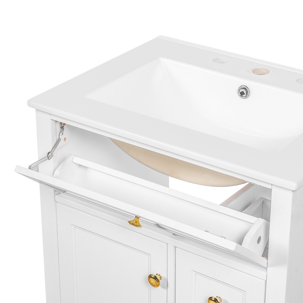 24 in White Bathroom Vanity with Sink MDF & Pinewood Construction 3 Drawers