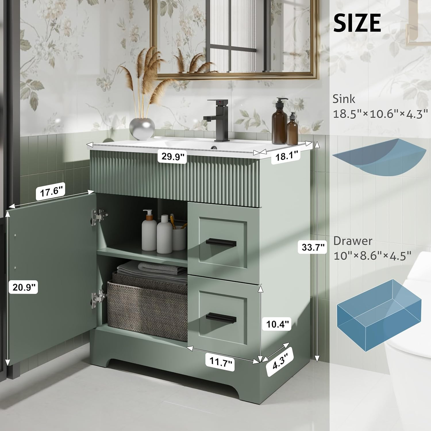 30″ Bathroom Vanities Sink Combo with Painted Surface, Modern Drawered Cabinet W