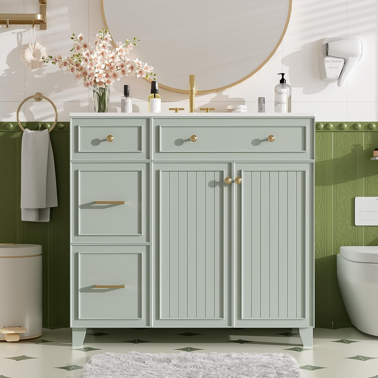36-inch Green Bathroom Vanity Transitional Style Bathroom Cabinet W/ Ceramic